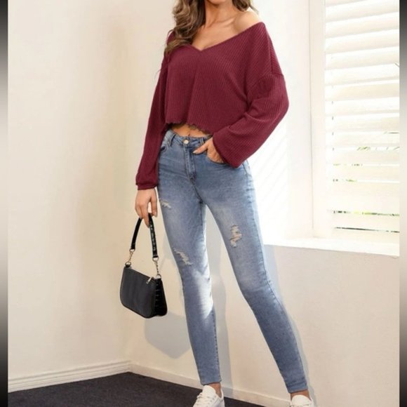 SHEIN Lettuce Trim Drop Shoulder Rib-knit Tee - Picture 4 of 5